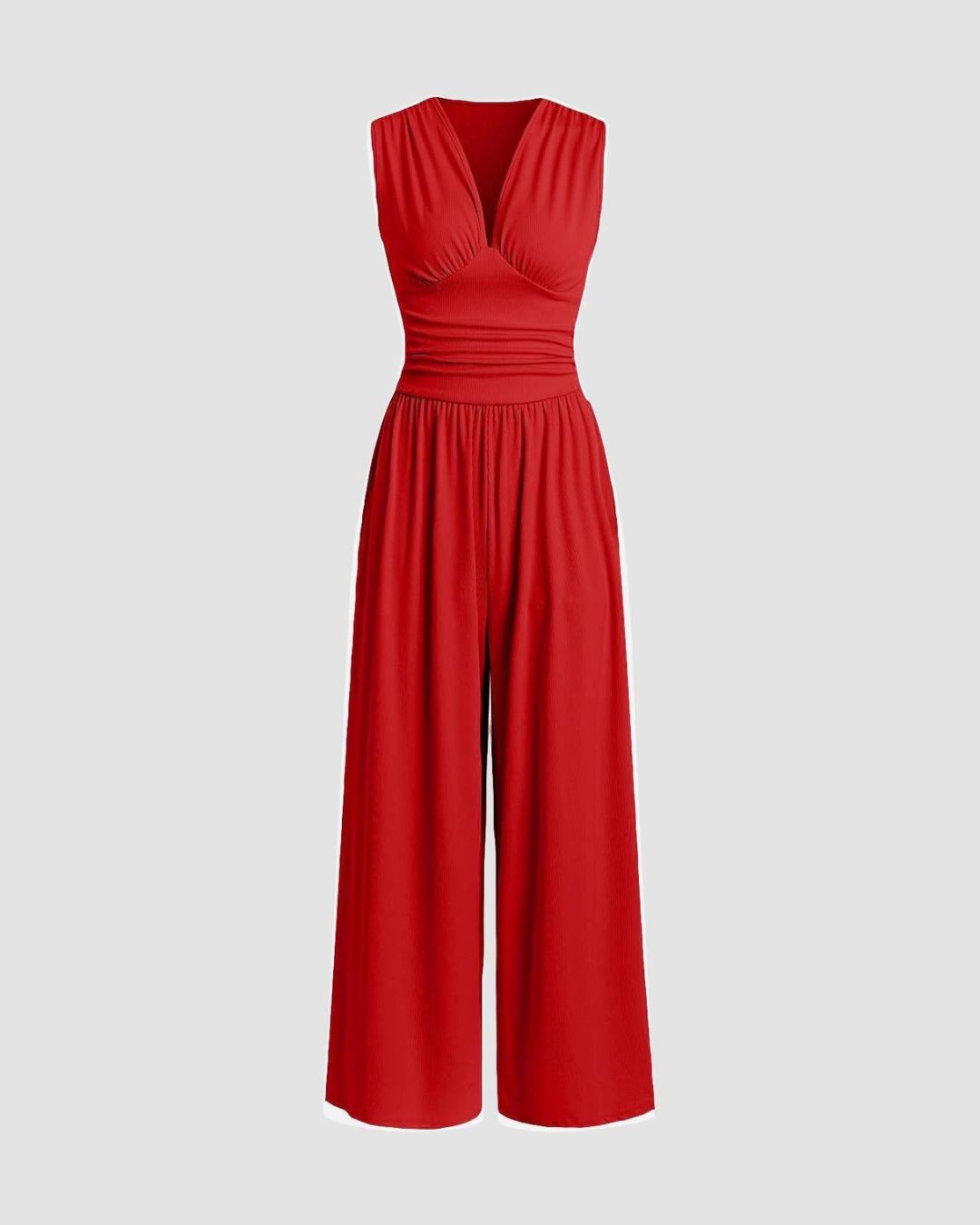 Women's Sleeveless Jumpsuit with Deep V-Neckline Ruched Waistband and Wide-Leg Trousers
