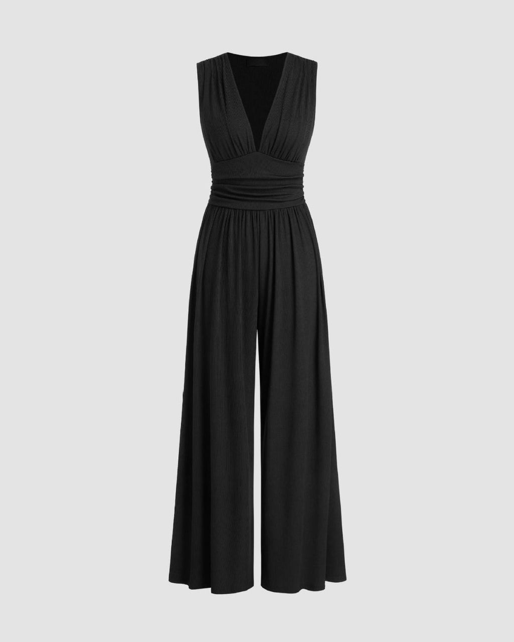 Women's Sleeveless Jumpsuit with Deep V-Neckline Ruched Waistband and Wide-Leg Trousers