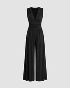 Women's Sleeveless Jumpsuit with Deep V-Neckline Ruched Waistband and Wide-Leg Trousers