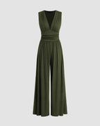 Women's Sleeveless Jumpsuit with Deep V-Neckline Ruched Waistband and Wide-Leg Trousers