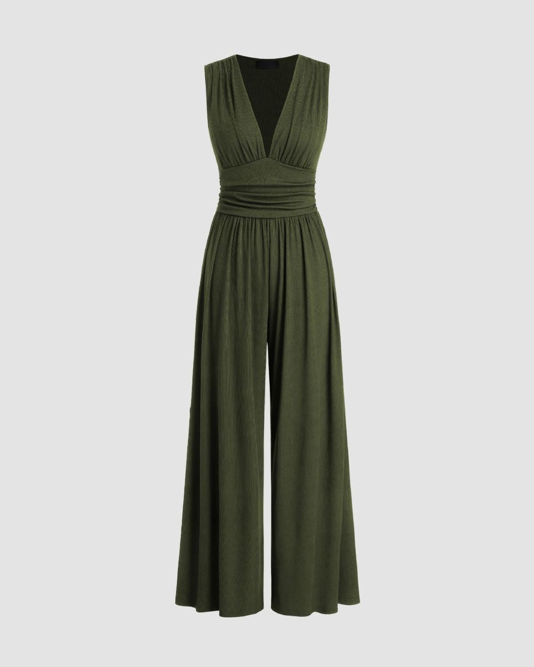 Women's Sleeveless Jumpsuit with Deep V-Neckline Ruched Waistband and Wide-Leg Trousers
