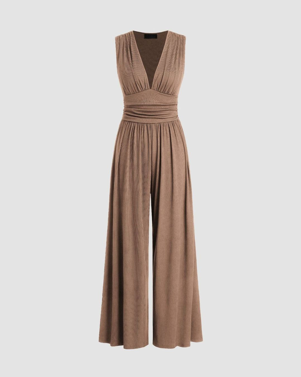 Women's Sleeveless Jumpsuit with Deep V-Neckline Ruched Waistband and Wide-Leg Trousers