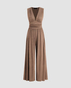 Women's Sleeveless Jumpsuit with Deep V-Neckline Ruched Waistband and Wide-Leg Trousers