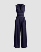 Women's Sleeveless Jumpsuit with Deep V-Neckline Ruched Waistband and Wide-Leg Trousers