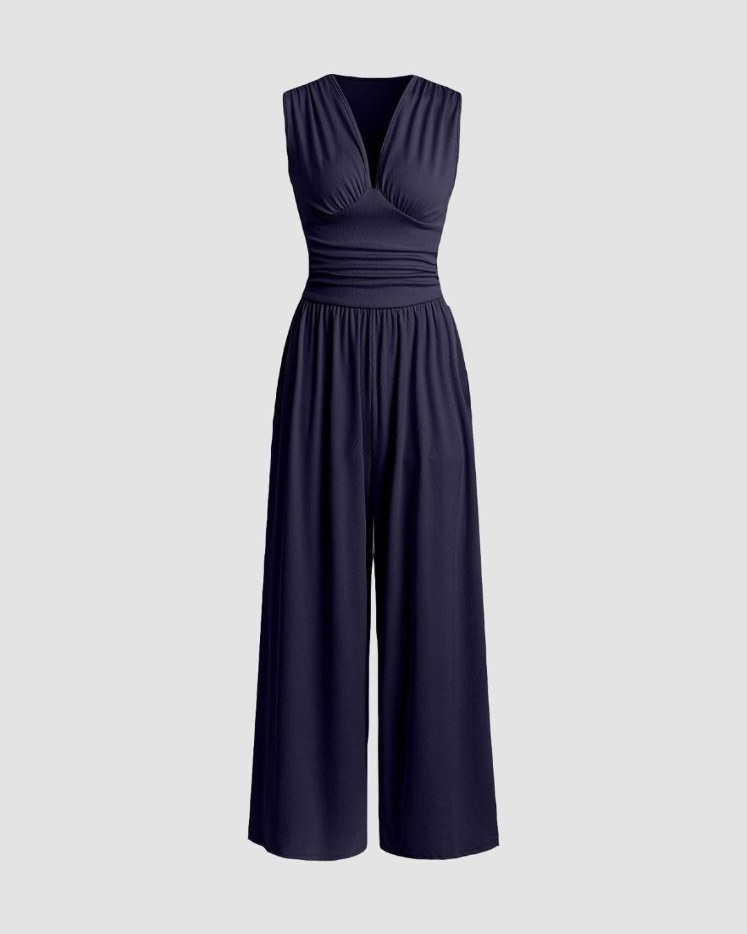 Women's Sleeveless Jumpsuit with Deep V-Neckline Ruched Waistband and Wide-Leg Trousers