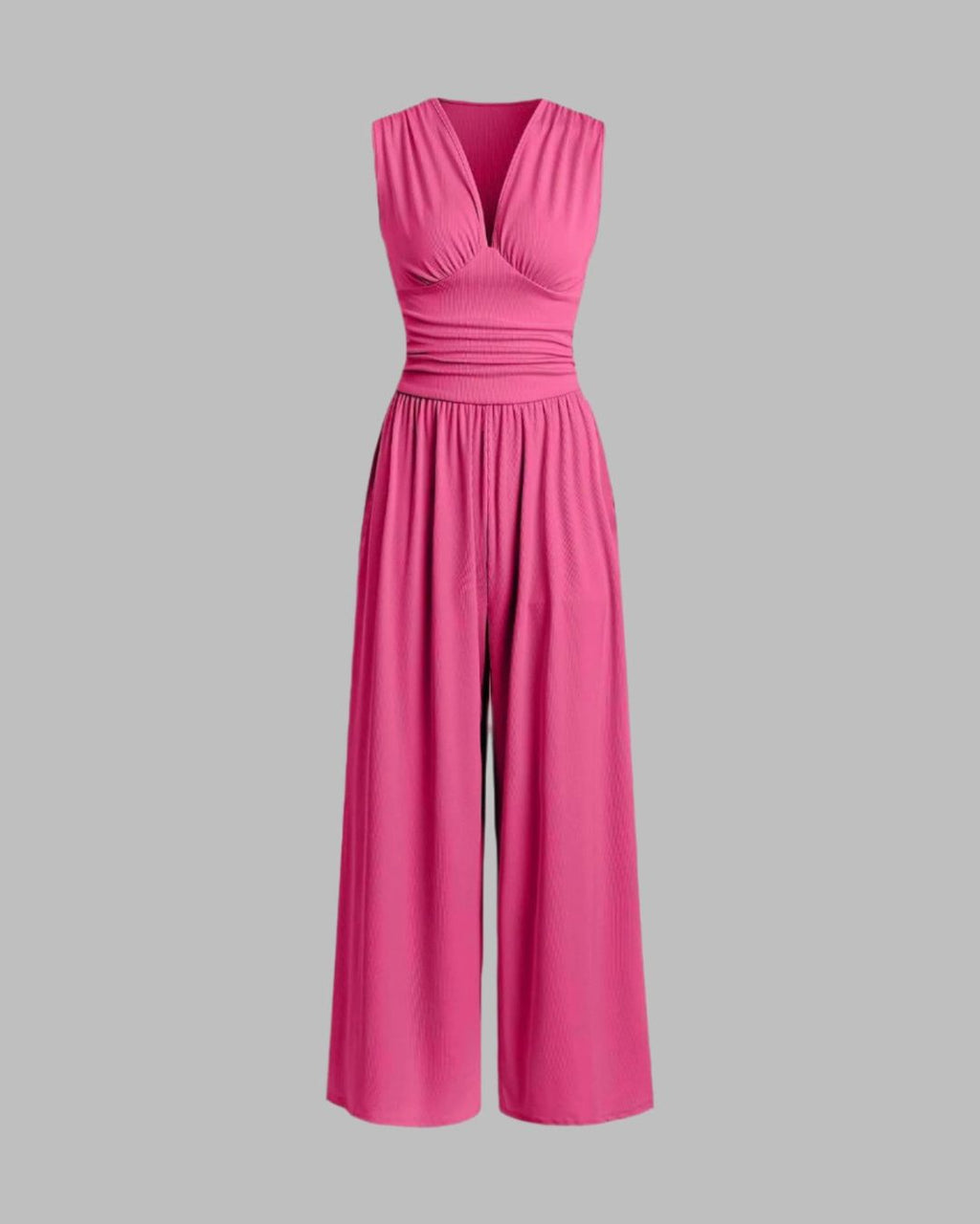 Women's Sleeveless Jumpsuit with Deep V-Neckline Ruched Waistband and Wide-Leg Trousers