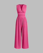 Women's Sleeveless Jumpsuit with Deep V-Neckline Ruched Waistband and Wide-Leg Trousers