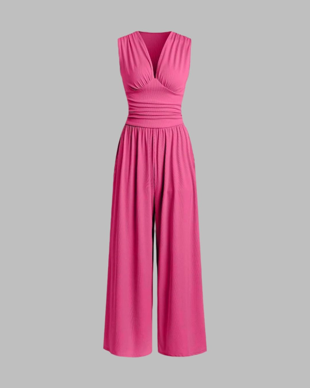 Women's Sleeveless Jumpsuit with Deep V-Neckline Ruched Waistband and Wide-Leg Trousers