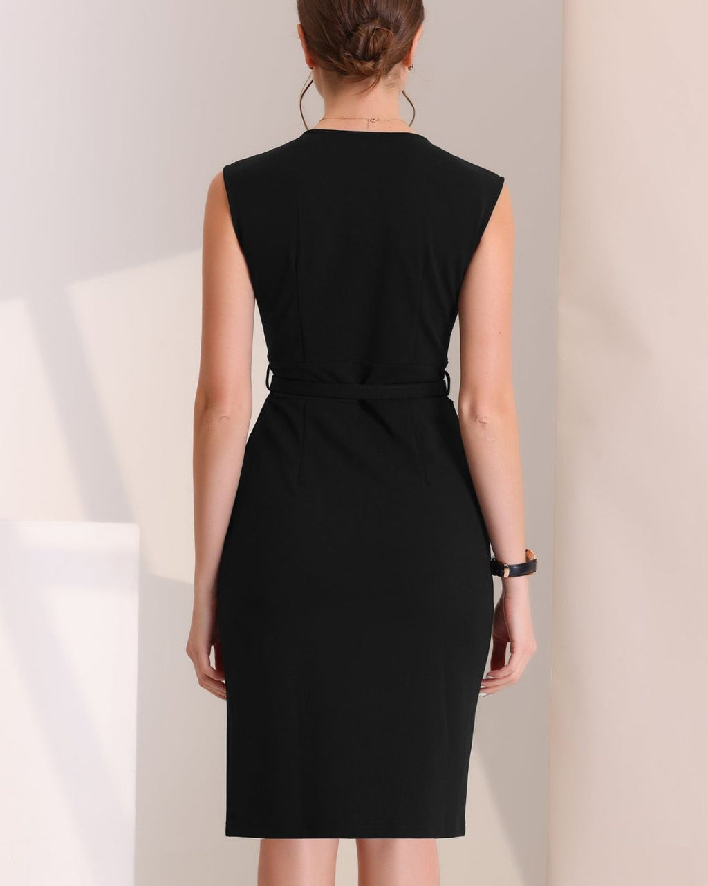 Women's Sleeveless Pencil Dress with V-Neckline and Attached Belt