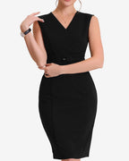 Women's Sleeveless Pencil Dress with V-Neckline and Attached Belt