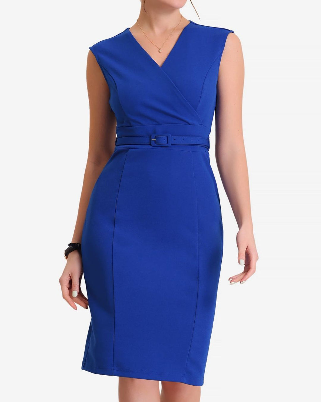 Women's Sleeveless Pencil Dress with V-Neckline and Attached Belt