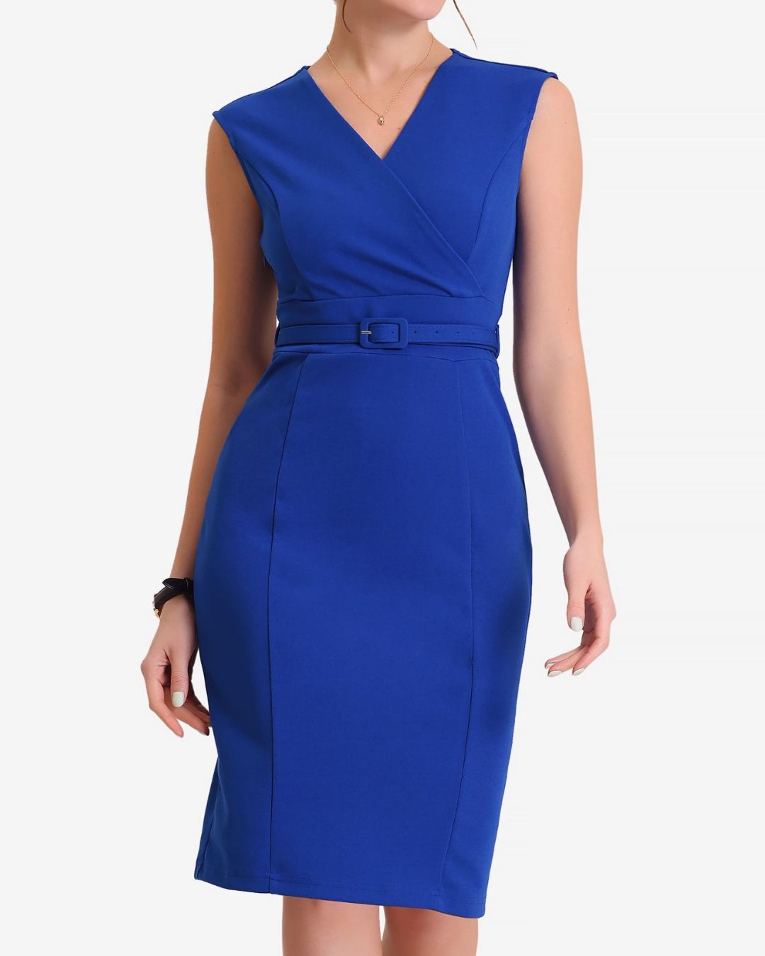 Women's Sleeveless Pencil Dress with V-Neckline and Attached Belt