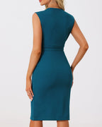 Women's Sleeveless Pencil Dress with V-Neckline and Attached Belt