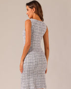 Women's Sleeveless Sheath Dress with Boat Neckline and Textured Check Pattern
