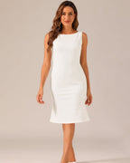 Women's Sleeveless Sheath Dress with Boat Neckline and Textured Check Pattern