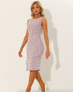 Women's Sleeveless Sheath Dress with Boat Neckline and Textured Check Pattern