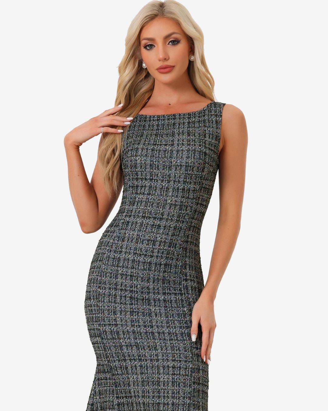 Women's Sleeveless Sheath Dress with Boat Neckline and Textured Check Pattern