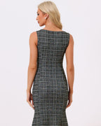Women's Sleeveless Sheath Dress with Boat Neckline and Textured Check Pattern