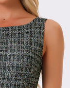 Women's Sleeveless Sheath Dress with Boat Neckline and Textured Check Pattern