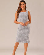 Women's Sleeveless Sheath Dress with Boat Neckline and Textured Check Pattern