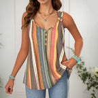 Women's Sleeveless Tank Top with Multicolour Vertical Stripe Print V-Neckline and Knotted Shoulder Straps
