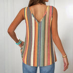 Women's Sleeveless Tank Top with Multicolour Vertical Stripe Print V-Neckline and Knotted Shoulder Straps
