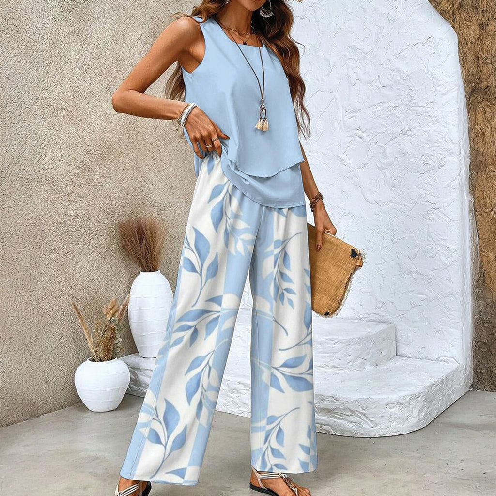 Women's Sleeveless Two-Piece Set with Layered Top and Wide-Leg Printed Trousers