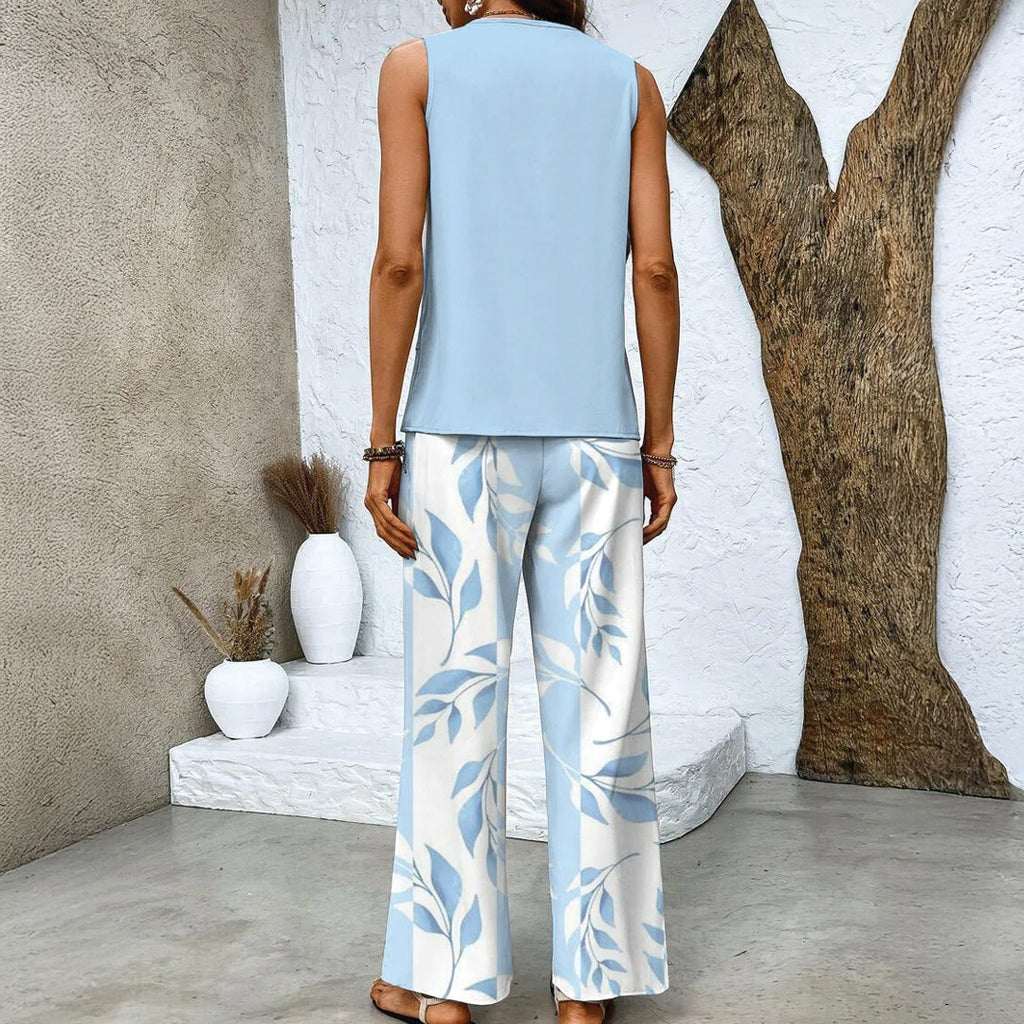 Women's Sleeveless Two-Piece Set with Layered Top and Wide-Leg Printed Trousers
