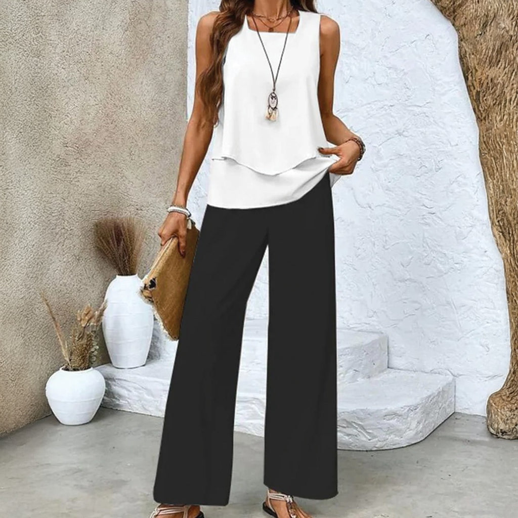 Women's Sleeveless Two-Piece Set with Layered Top and Wide-Leg Printed Trousers