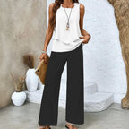 Women's Sleeveless Two-Piece Set with Layered Top and Wide-Leg Printed Trousers
