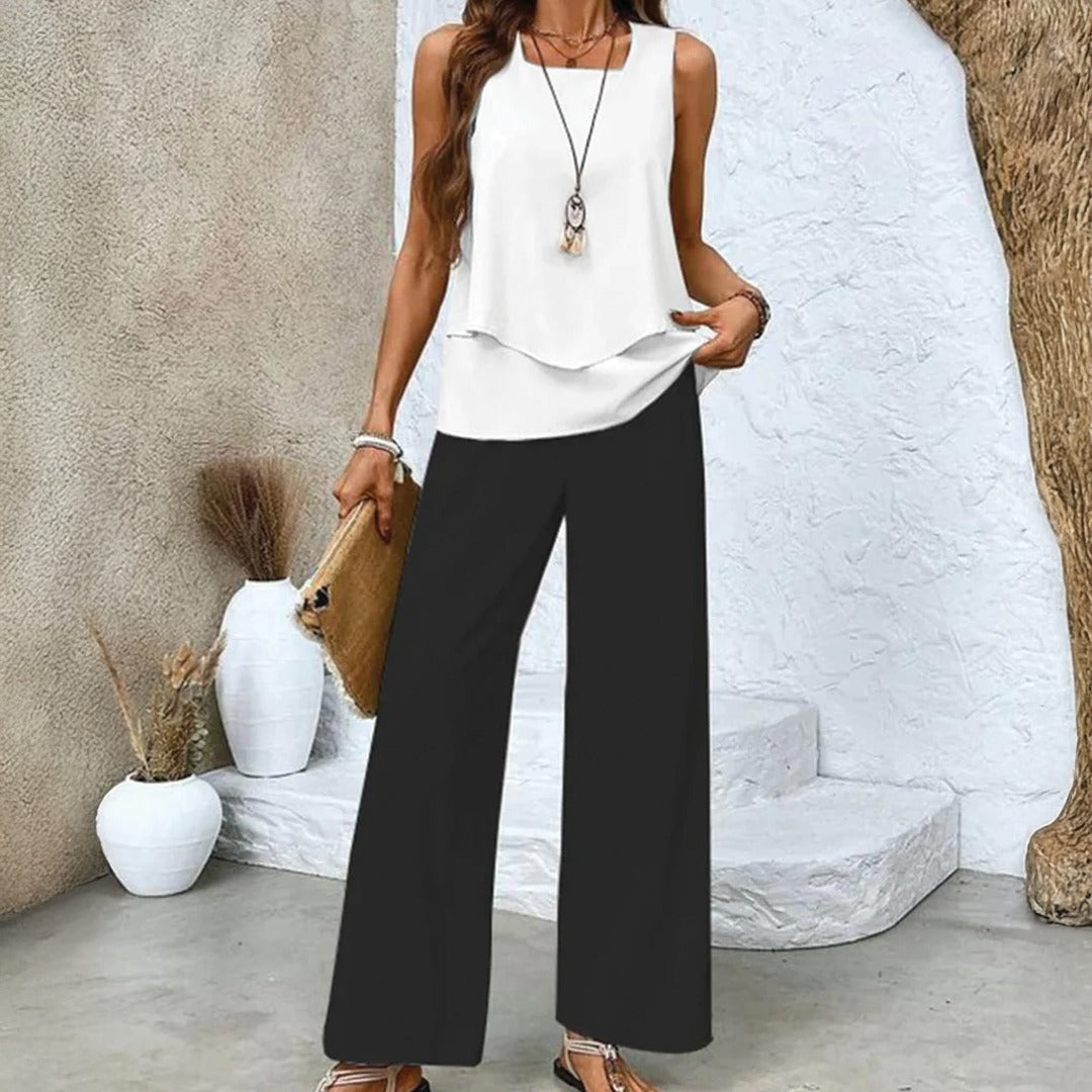 Women's Sleeveless Two-Piece Set with Layered Top and Wide-Leg Printed Trousers