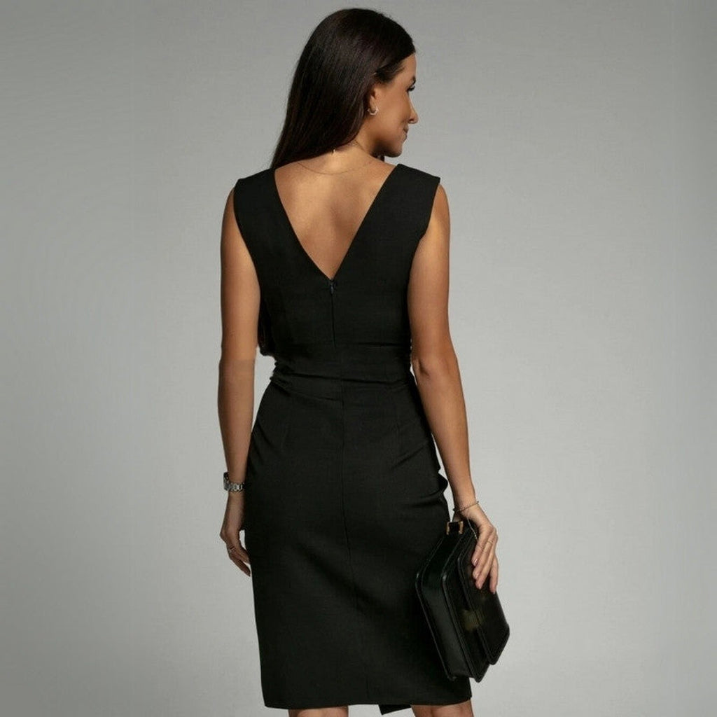 Women's Sleeveless V-Neck Midi Dress with Pleated Bodice and Front Slit