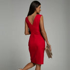 Women's Sleeveless V-Neck Midi Dress with Pleated Bodice and Front Slit