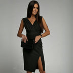 Women's Sleeveless V-Neck Midi Dress with Pleated Bodice and Front Slit