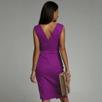 Women's Sleeveless V-Neck Midi Dress with Pleated Bodice and Front Slit