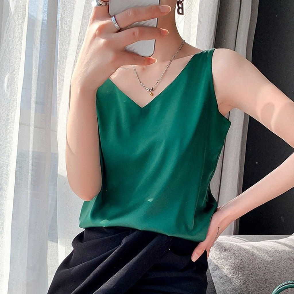 Women's Sleeveless V-Neck Tank Top with Wide Shoulder Straps