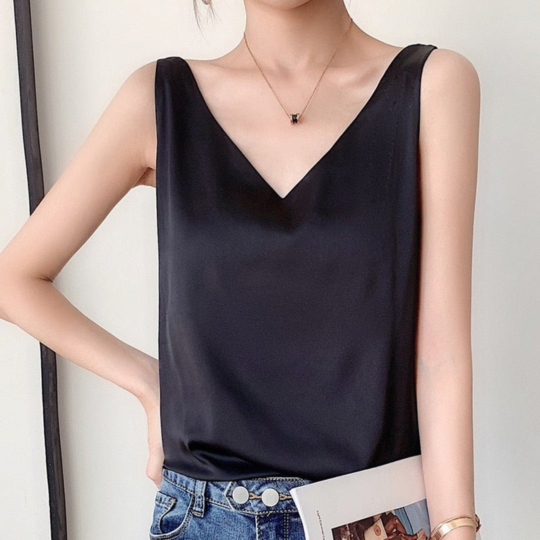 Women's Sleeveless V-Neck Tank Top with Wide Shoulder Straps
