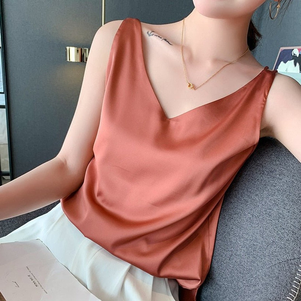 Women's Sleeveless V-Neck Tank Top with Wide Shoulder Straps