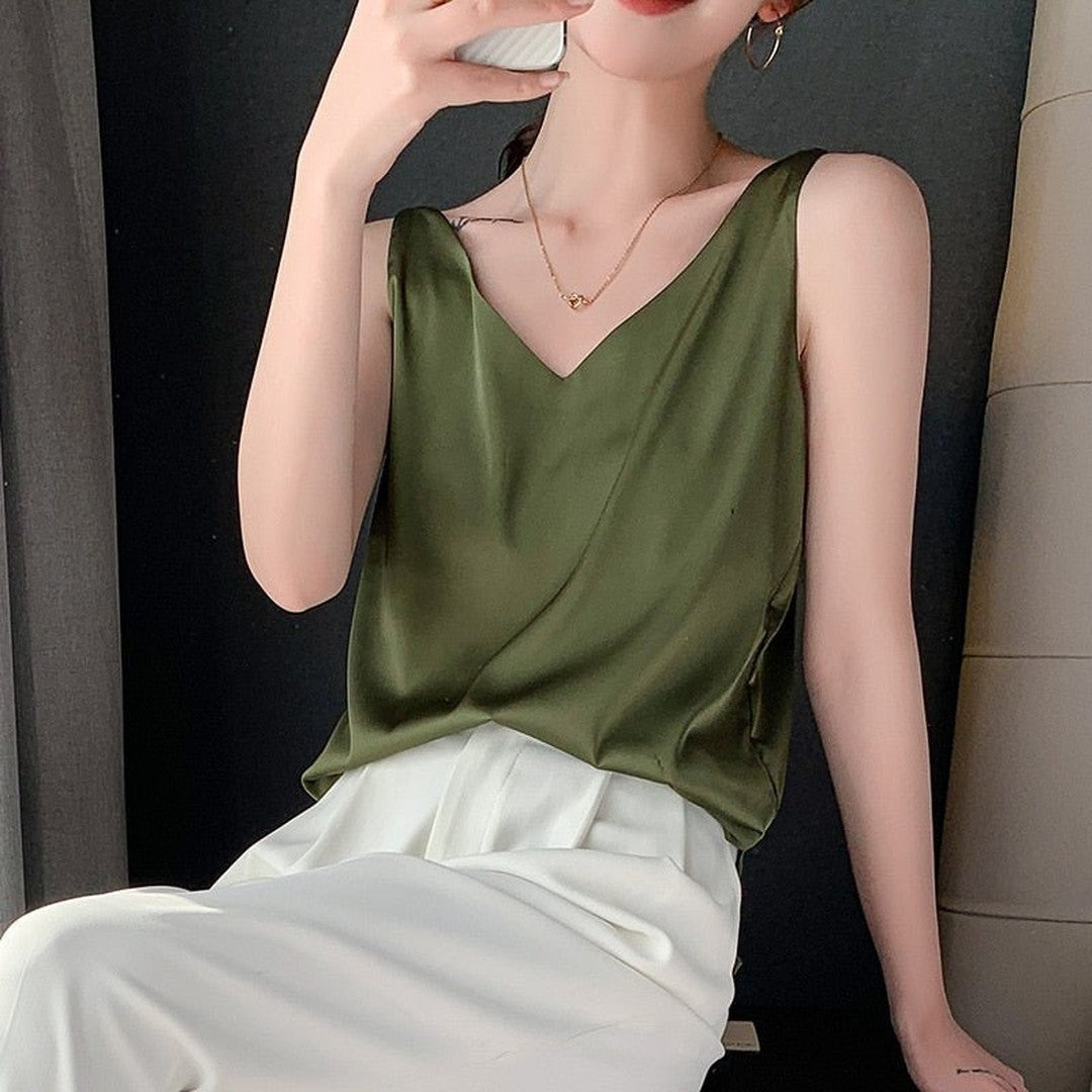 Women's Sleeveless V-Neck Tank Top with Wide Shoulder Straps