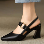 Women's Slingback Block Heel Shoes with Pointed Toe and Gold-Tone Ring Hardware Strap