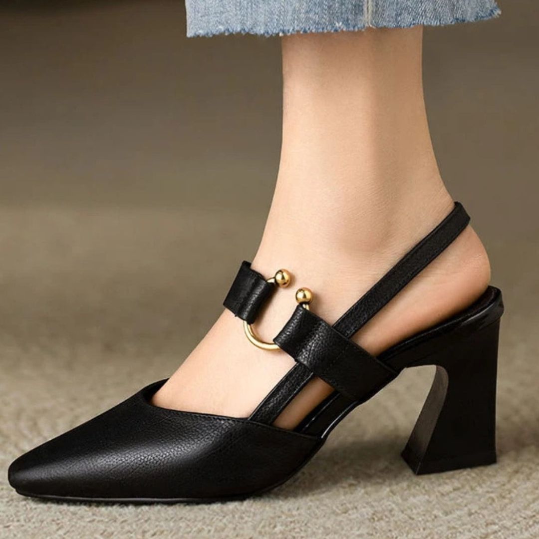 Women's Slingback Block Heel Shoes with Pointed Toe and Gold-Tone Ring Hardware Strap