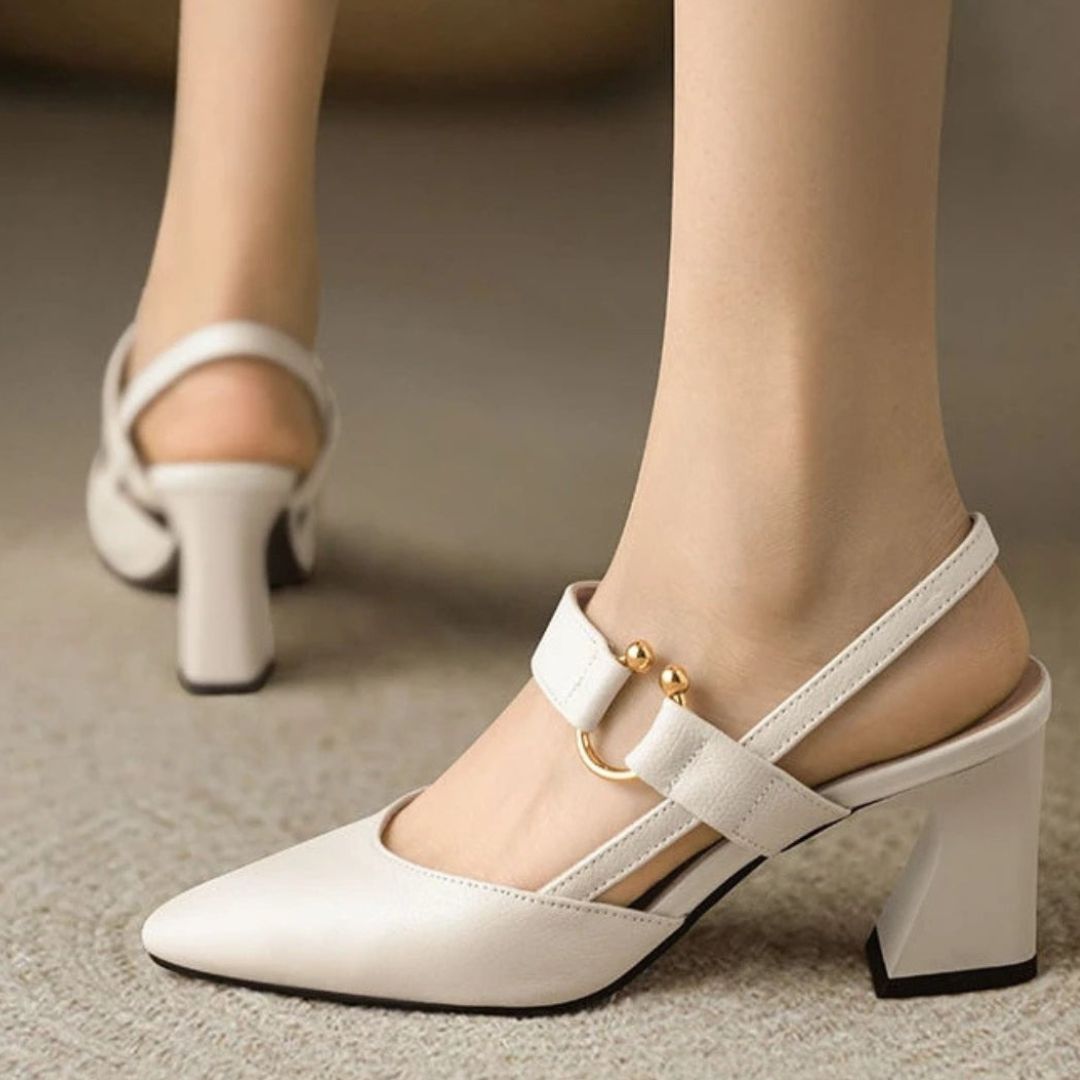 Women's Slingback Block Heel Shoes with Pointed Toe and Gold-Tone Ring Hardware Strap