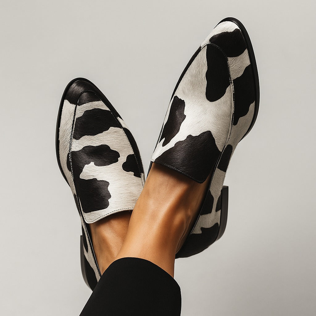 Women's Slip On Cow Print Loafers with Block Heel