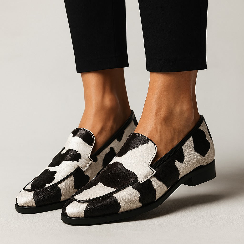 Women's Slip On Cow Print Loafers with Block Heel