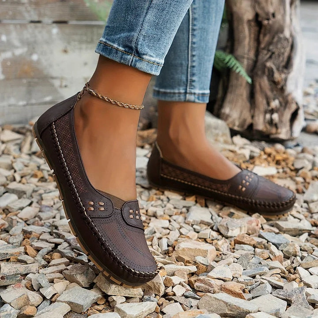 Women's Slip-On Flat Shoes with Perforated Upper and Whipstitch Edge Detail