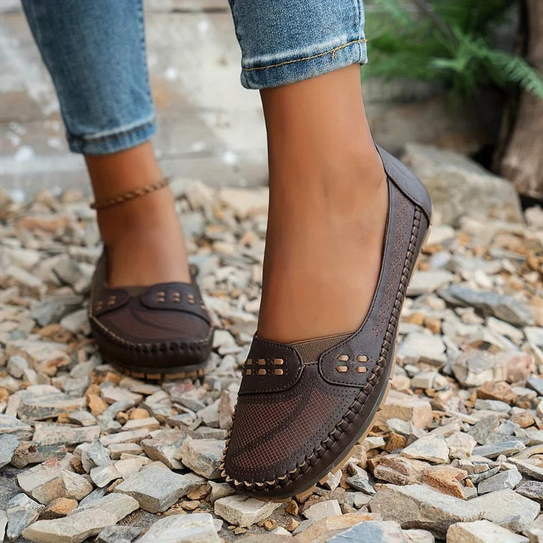 Women's Slip-On Flat Shoes with Perforated Upper and Whipstitch Edge Detail