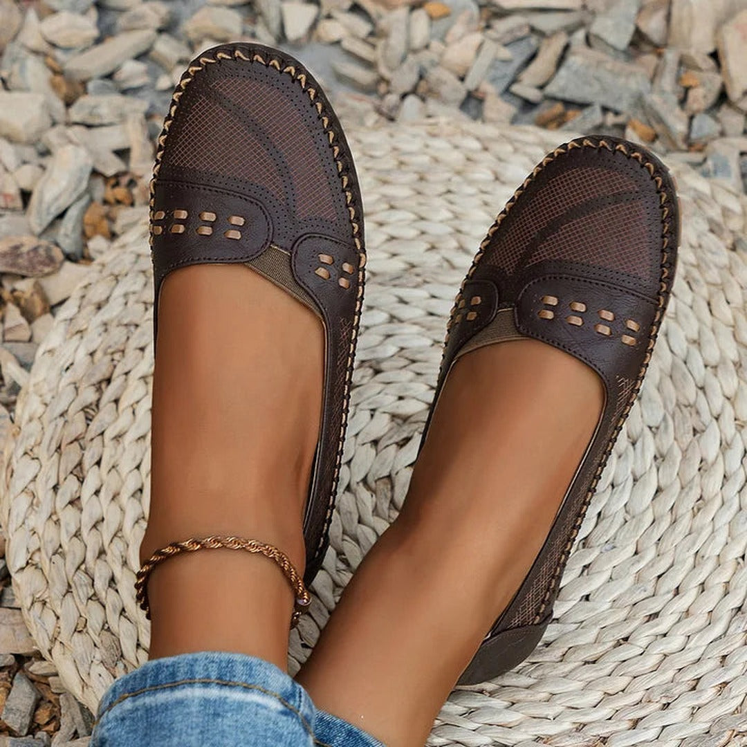 Women's Slip-On Flat Shoes with Perforated Upper and Whipstitch Edge Detail
