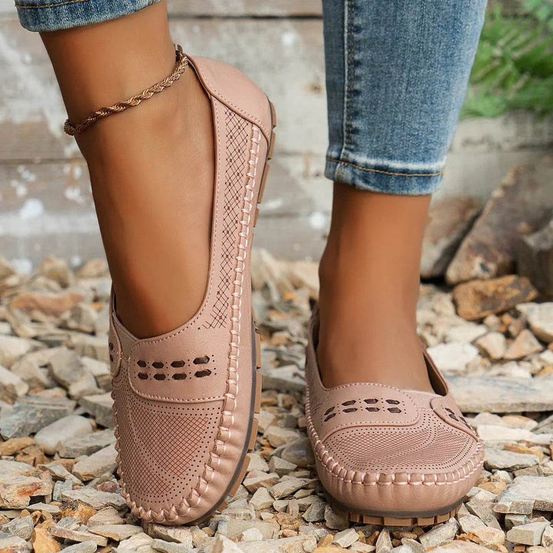 Women's Slip-On Flat Shoes with Perforated Upper and Whipstitch Edge Detail