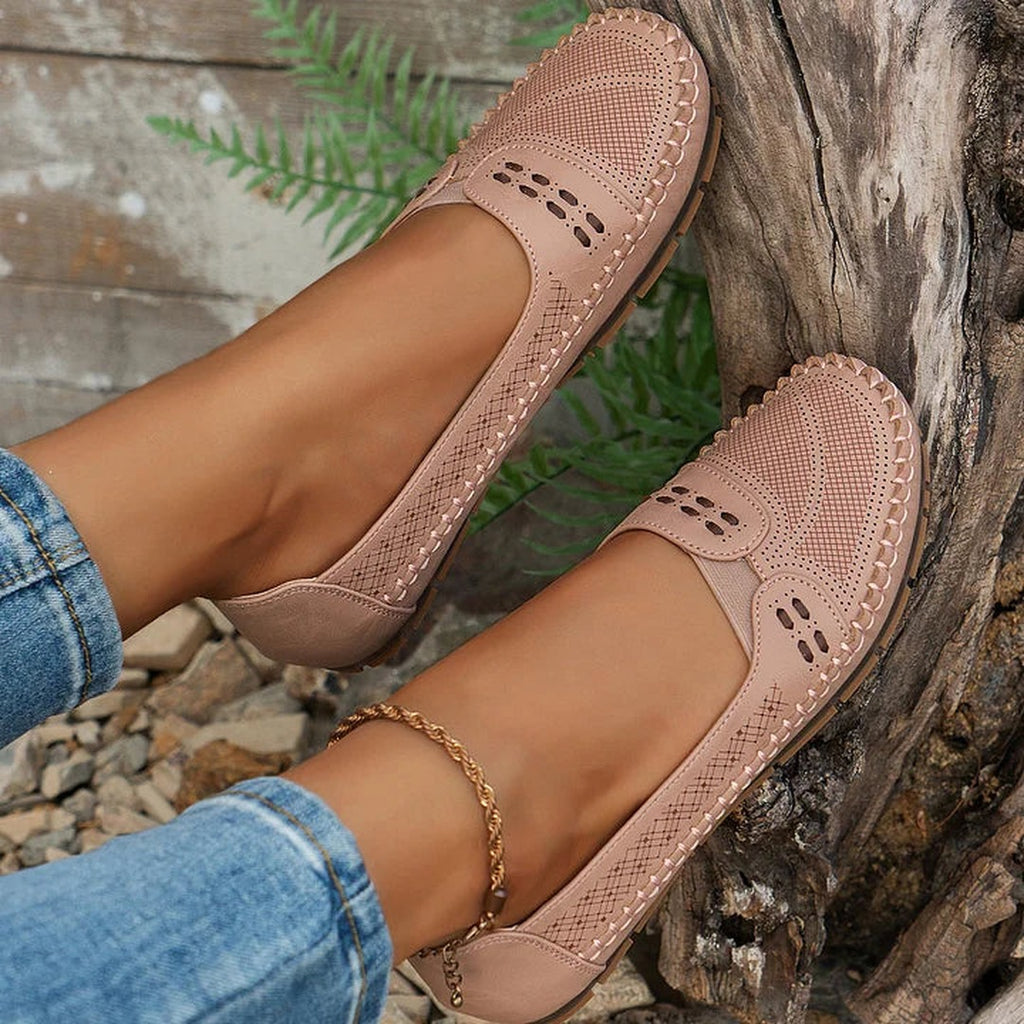 Women's Slip-On Flat Shoes with Perforated Upper and Whipstitch Edge Detail