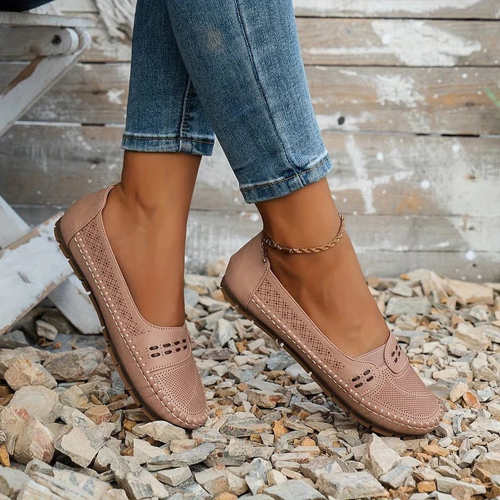 Women's Slip-On Flat Shoes with Perforated Upper and Whipstitch Edge Detail